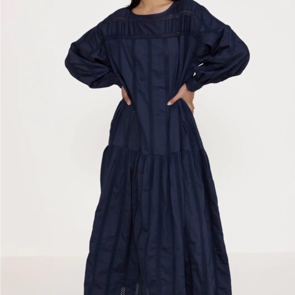 Navy Eyelet Tiered Maxi Dress - Women's Long Sleeve